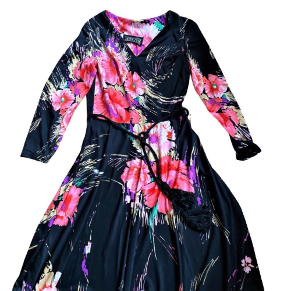Vintage 70s A line maxi floral dress wi rope belt - Picture 6 of 15